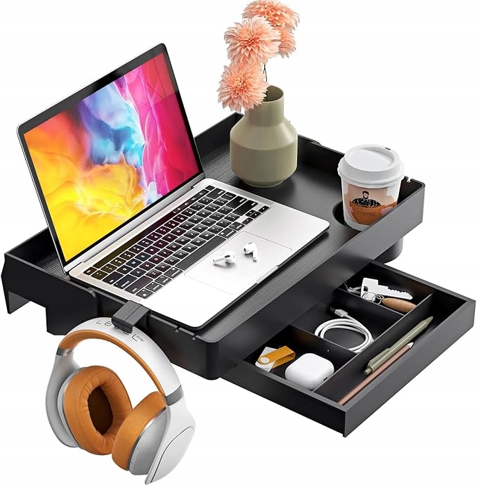 PÓŁKA STOLIK NOCNY DO RAMY ŁÓŻKA SKŁADANA 42 CM Z SZUFLADKĄ POD LAPTOPA
