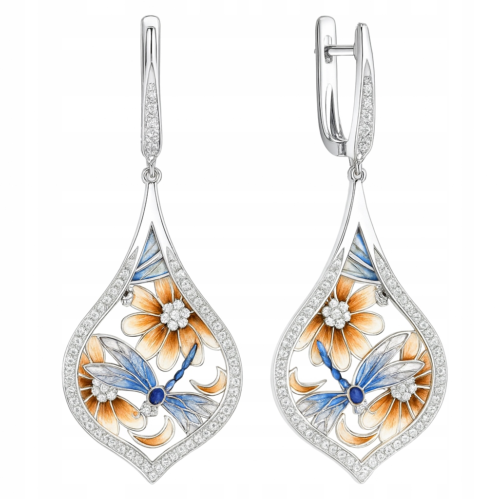 Stříbrné náušnice s květinami a zirkony, visící ve velkém stříbro o ryzosti 925