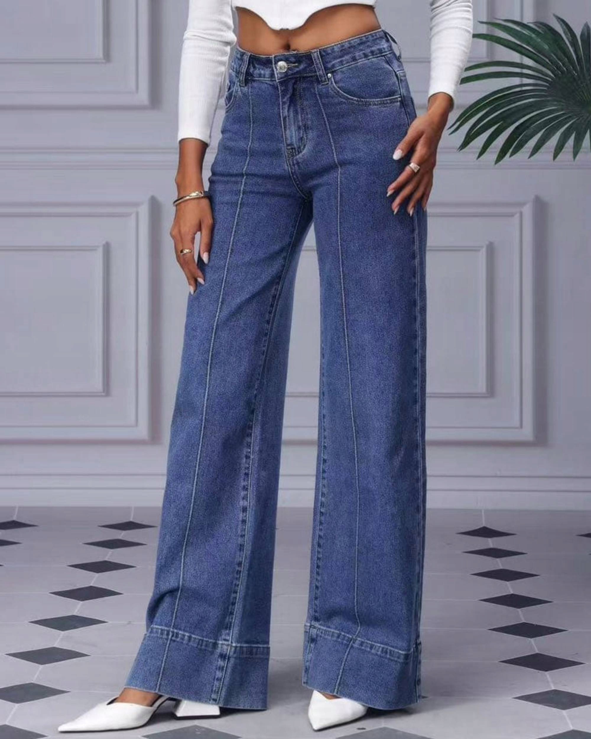 Džínové kalhoty švédské zvony Jeansy Wide Leg jeans kant prošití 38/M