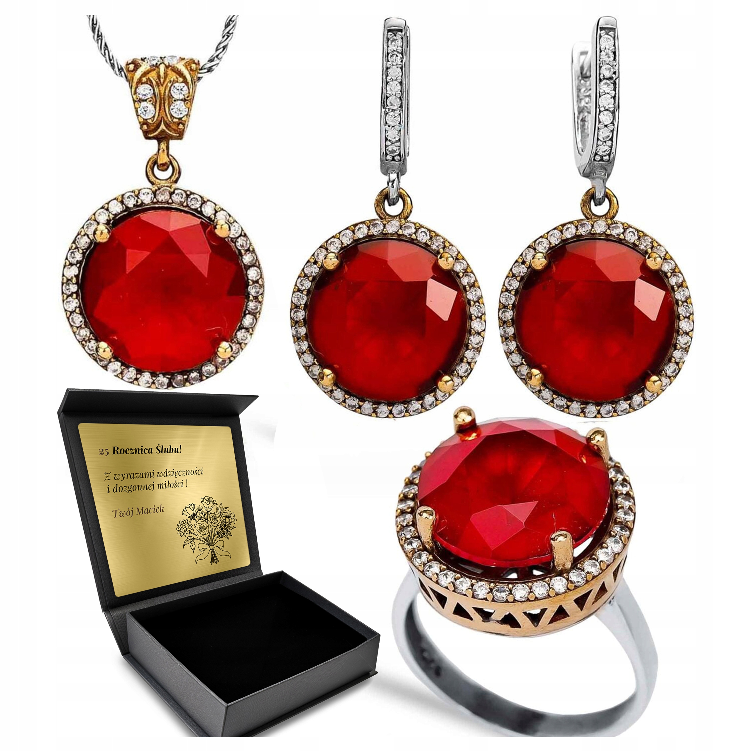 Sada Stříbrných Šperků 925 Zirkony Rubín Sada Pro Ženu Gravírování