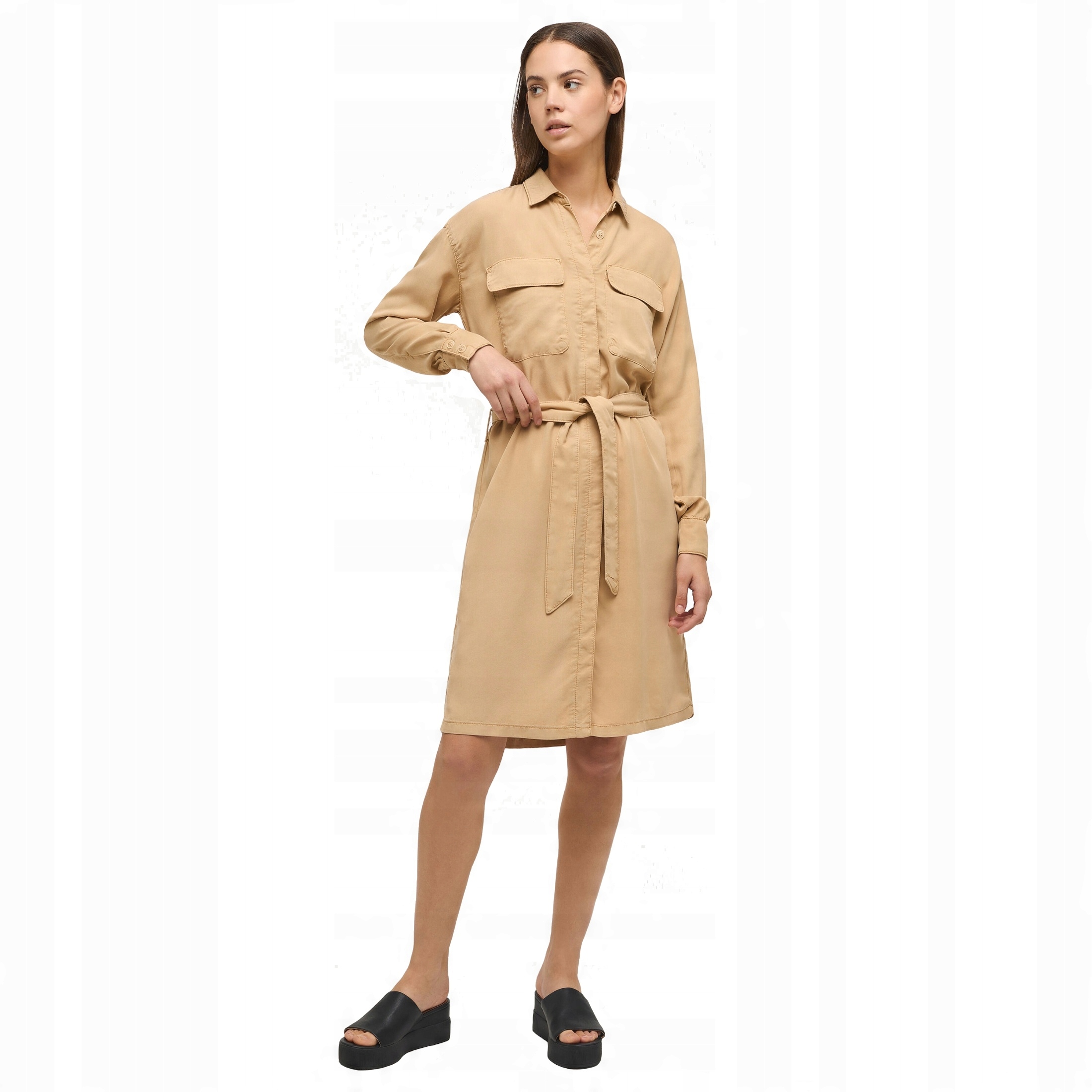 Šaty Před Koleno MIDI Dlouhý Rukáv Béžová Volná Mustang 36