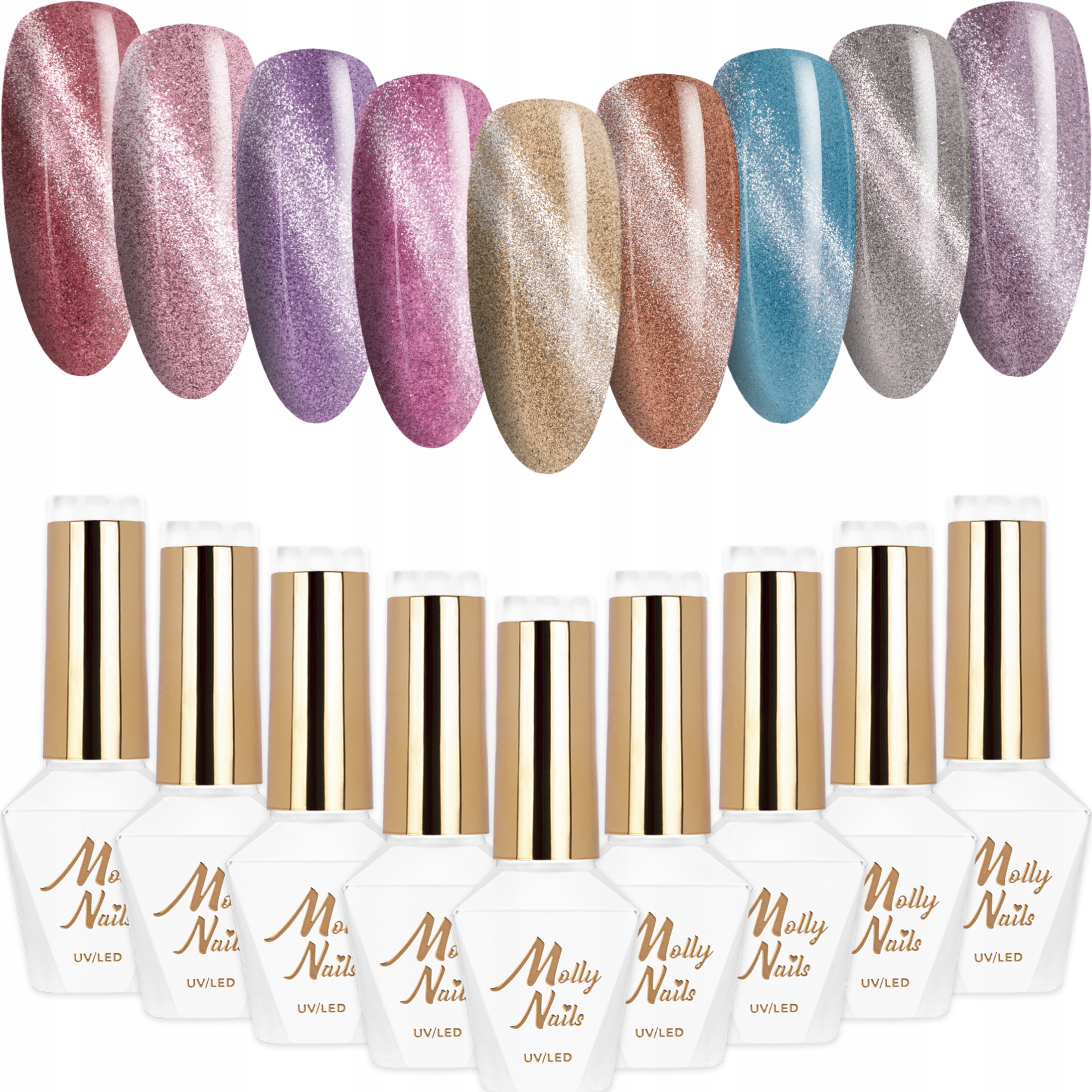 9x Lakier Hybrydowy Mollynails Cat Eye Womanity Zestaw 9w1 Z Brokatem
