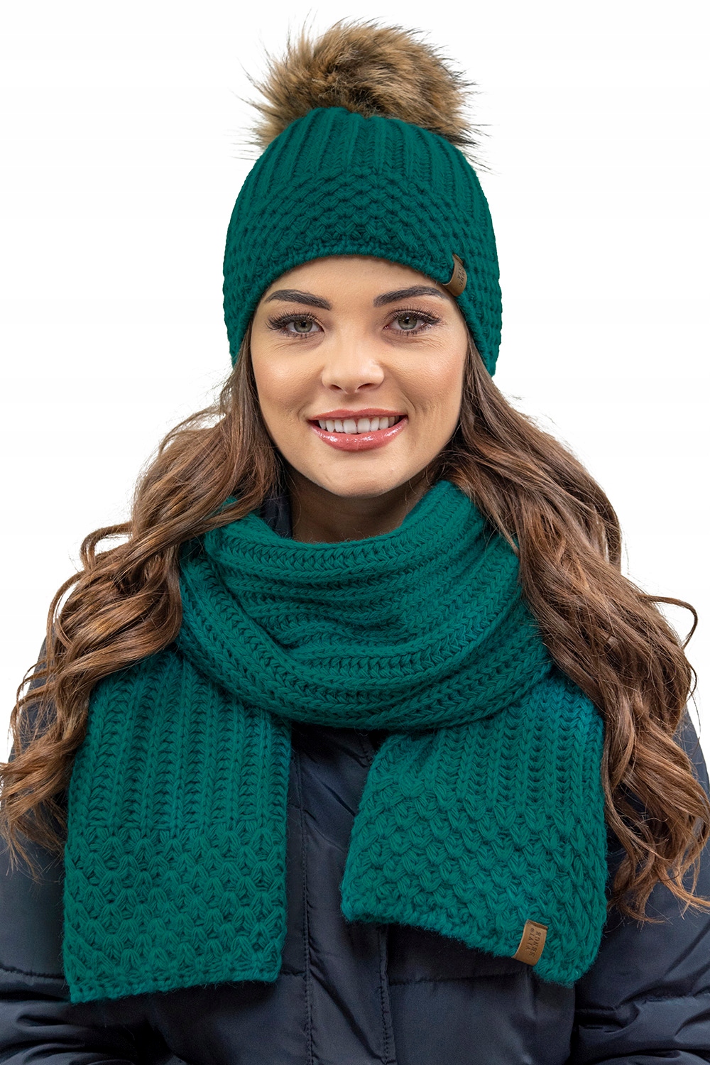 Zimní komplet Čepice s Pomponem a Šálou tmavě tyrkysová Vivisence 7016 Kmpl