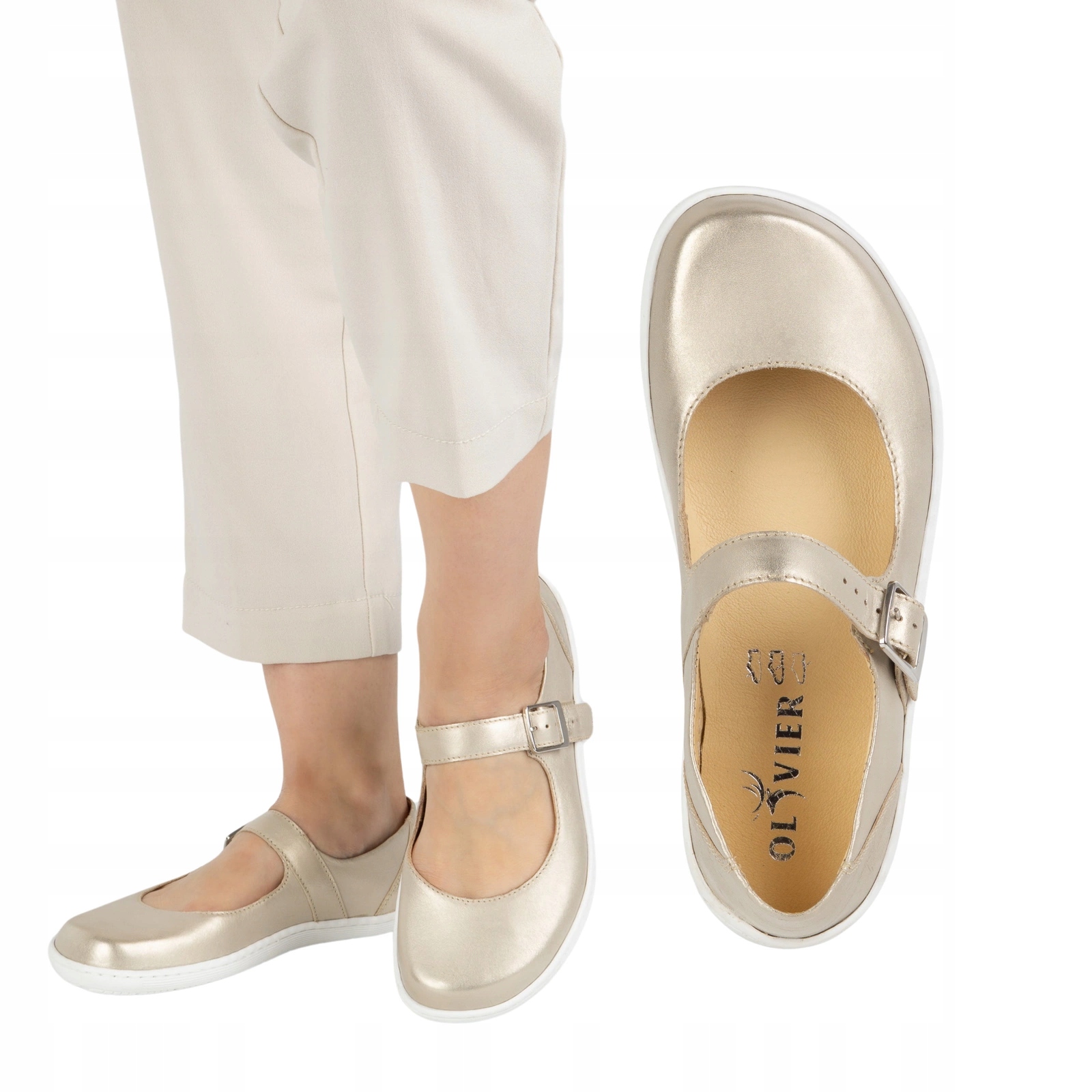 Dámské barefoot baleríny Olivier 1286 kožené se sponou, zlaté, velikost 42