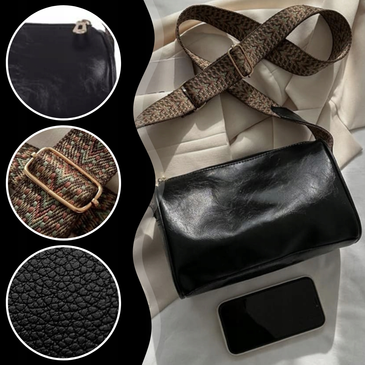 Torebka listonoszka skórzana na ramię kopertówka damska elegancka pojemna Wzór dominujący bez wzoru