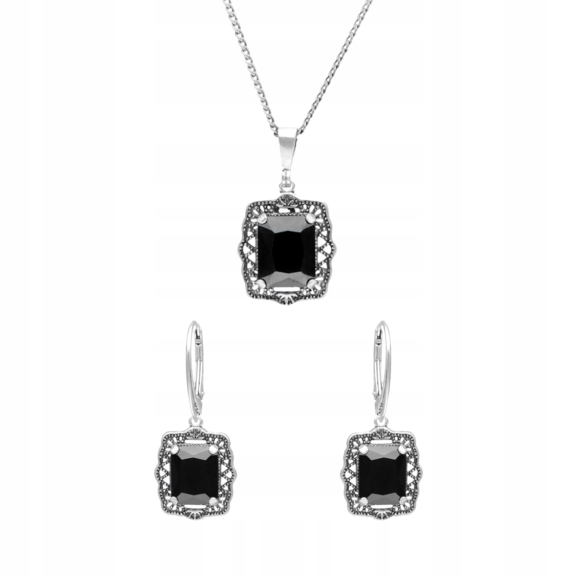 Komplet s černými zirkony stříbro retro vintage