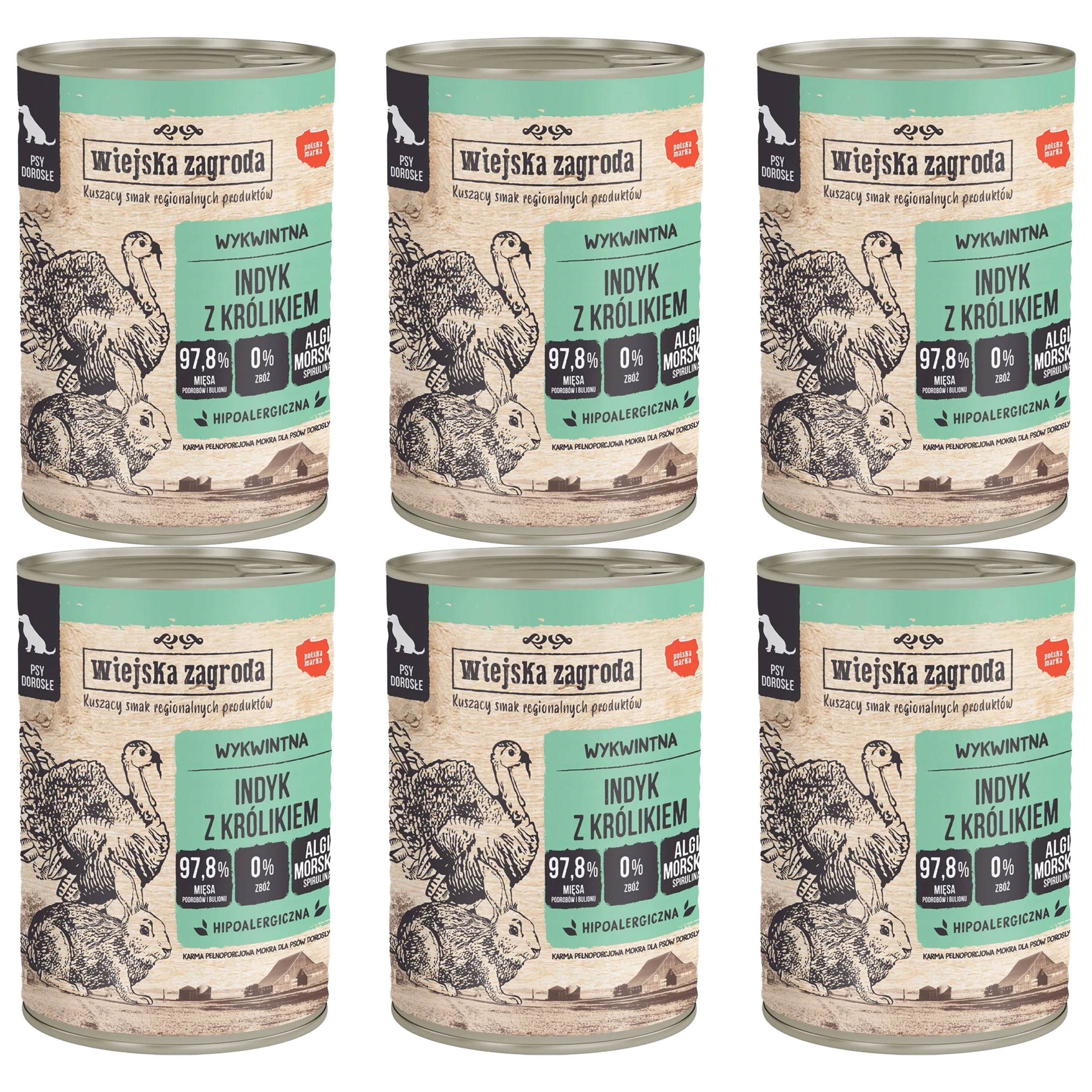 Levně Wiejska Zagroda Vlhké krmivo pro psy Krůta Králík 6 x 400 g bez obilovin