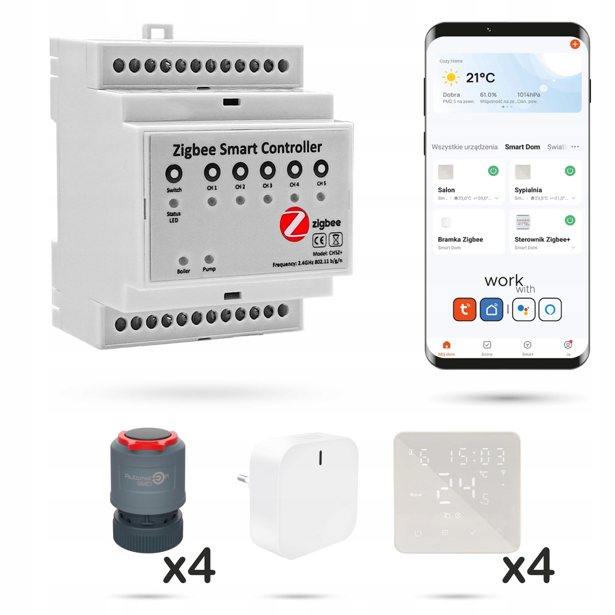 Sada pre podlahu Zigbee Tuya 4 miestnosti s termostatmi BAT2 biela
