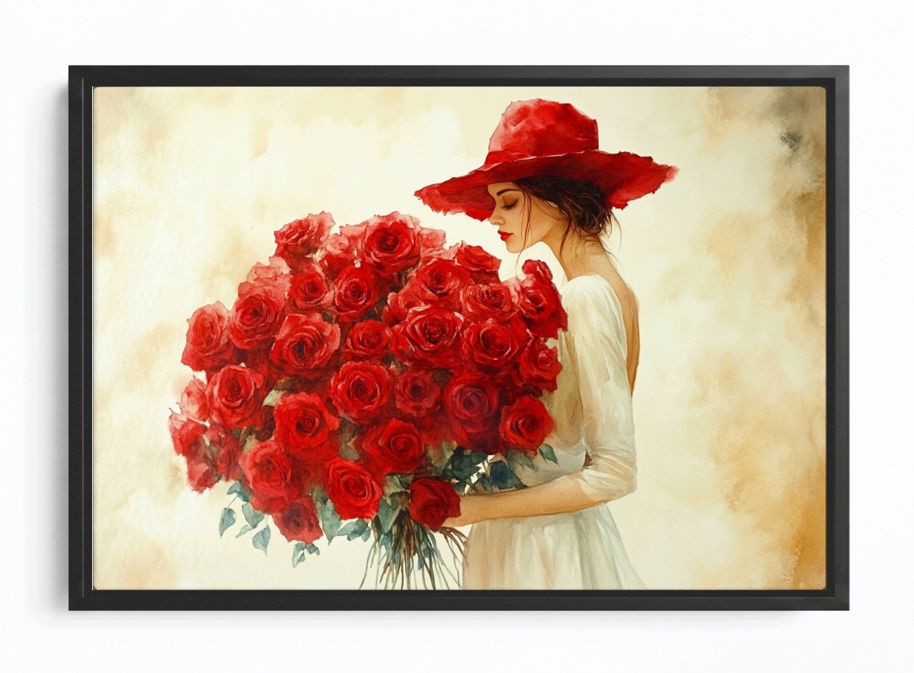 Obraz Rám Americký Box Žena V Červeném Klobouku S Růžemi 60x40