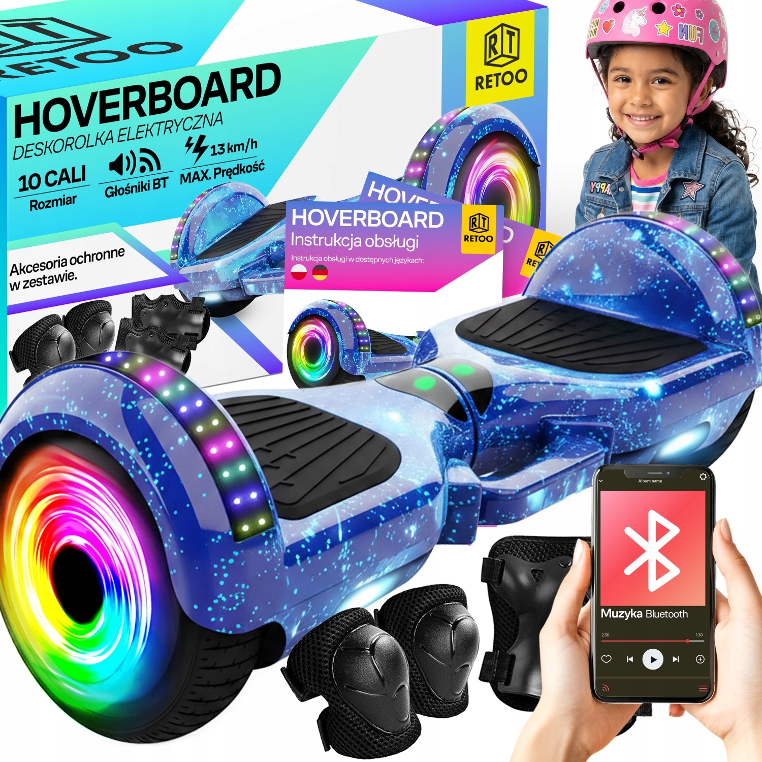 Hoverboard Elektrický Skateboard Led Deska Reproduktory Bt 10' Chrániče