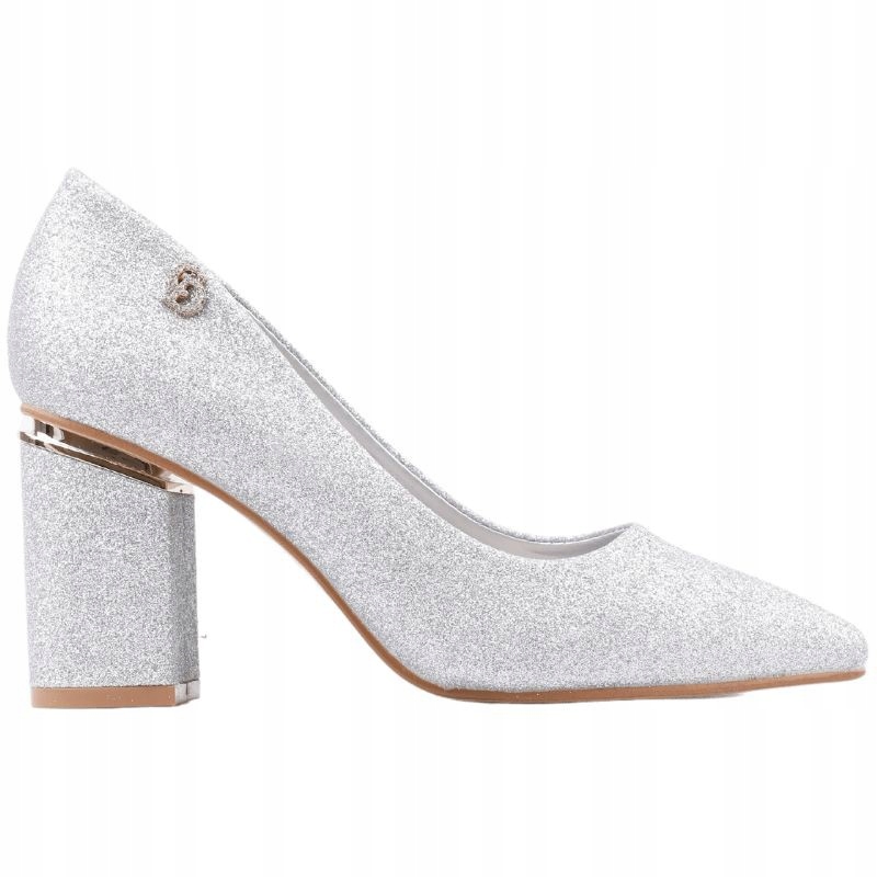 Czółenka Damskie Na Słupku Srebrne 8CM