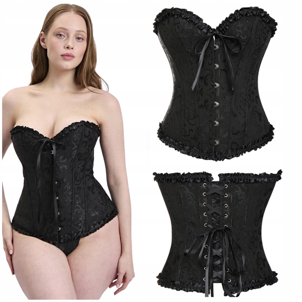 CZARNY GORSET WYSZCZUPLAJĄCY BRZUCH MODELUJĄCY BIELIZNA KORONKA GOTYCKI L