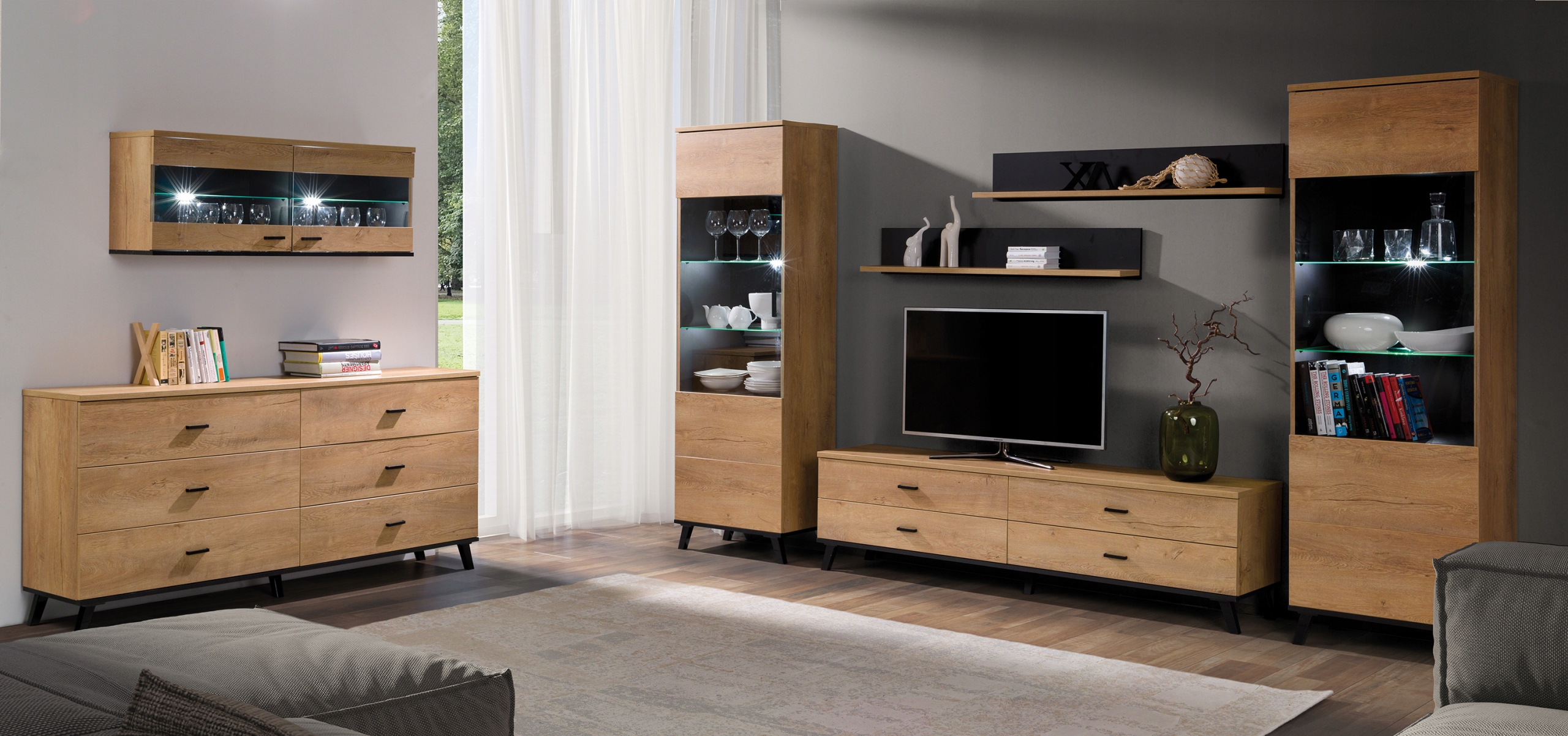 Witryna 60 cm System JERSEY dąb lefkas/czarny Kolekcja JOHN