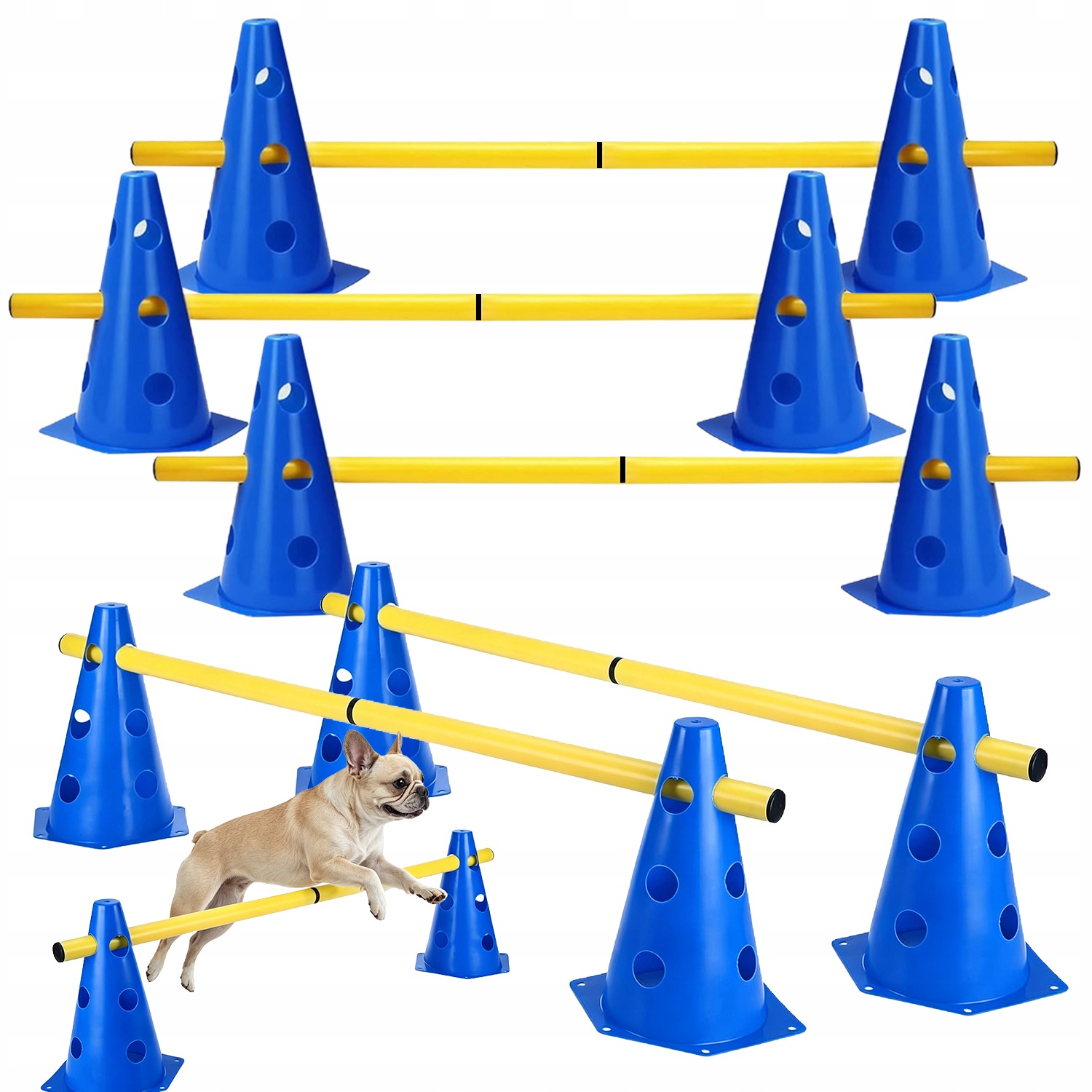 Zestaw Agility Dla Psa 10 Pachołków Niebieskich 5 Żółtych Tyczek 80CM