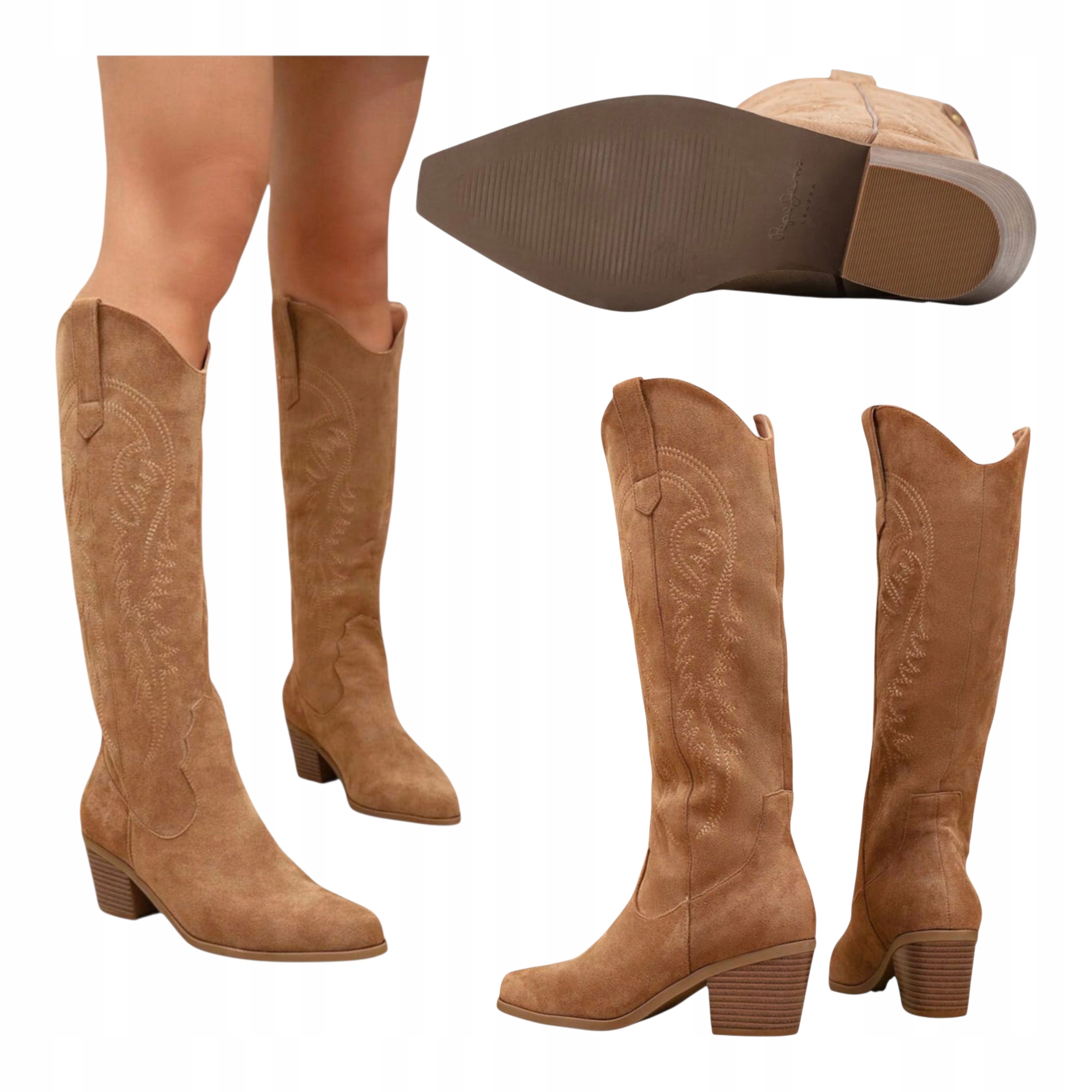 Dámské semišové kozačky s vysokým podpatkem Kovbojské Boty s koženou výšivkou hnědé 36