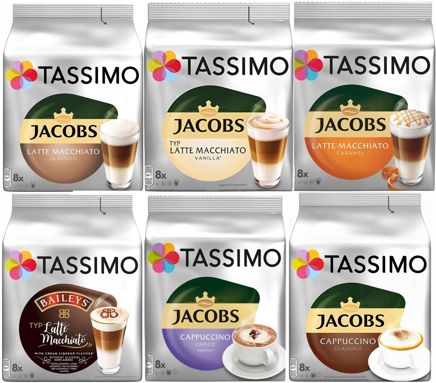 Kapsułki Tassimo ZESTAW kawy mleczne Latte, smakowe, Cappuccino Choco 48  15011275580 
