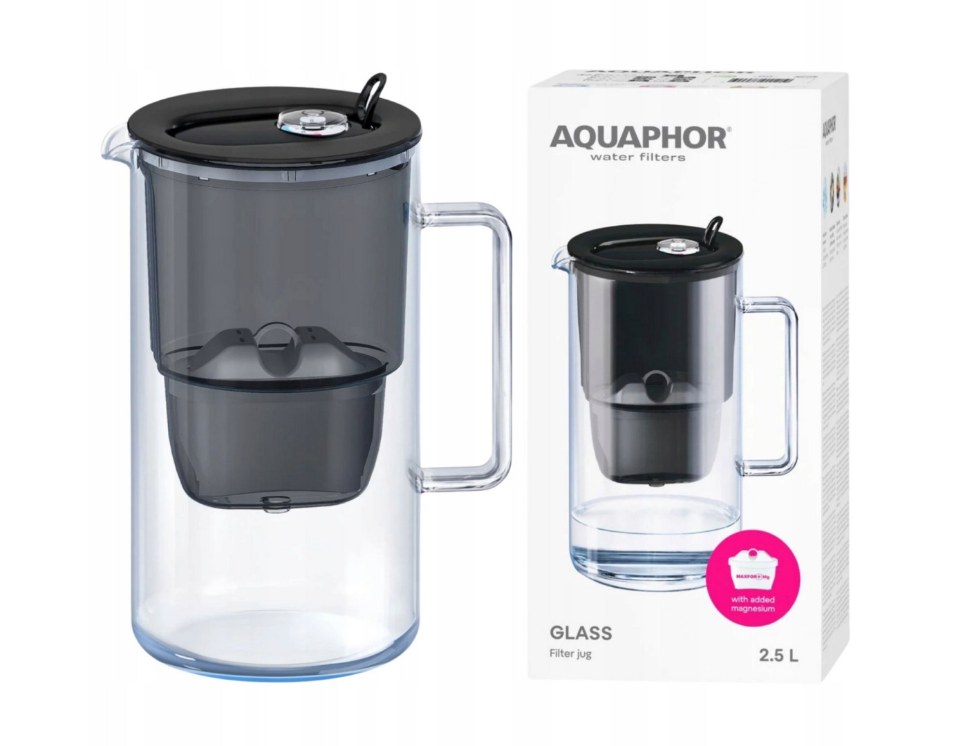 Dzbanek filtrujący szklany Aquaphor Glass 2,5l z wkładem Maxfor+ Mg, Czarny