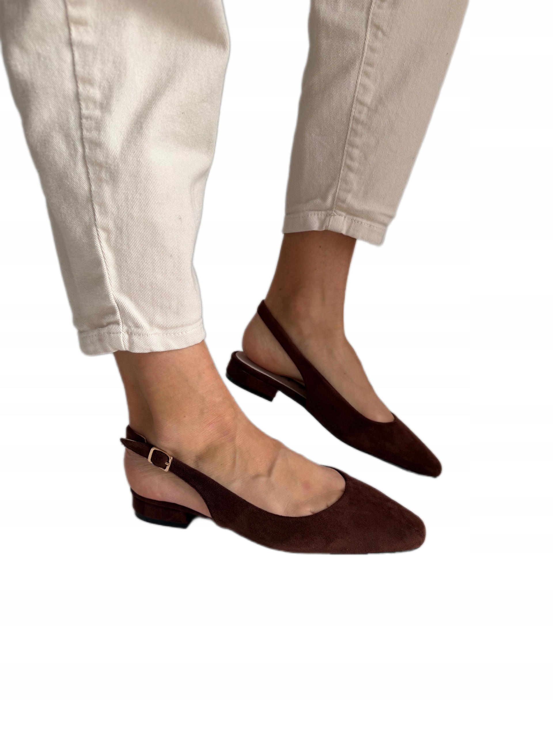 Buty damskie z odkrytą piętą czółenka brązowe płaskie skórzana wkładka r.39