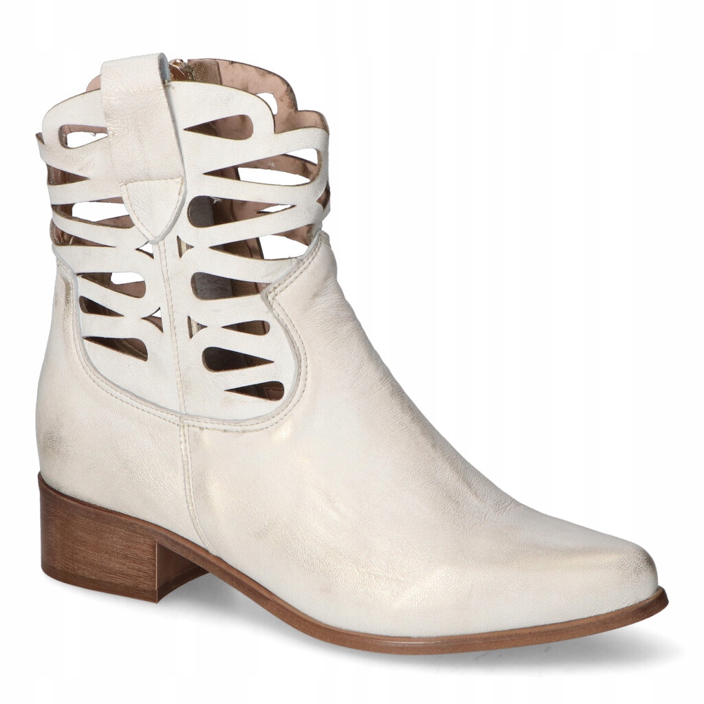 Botki Ażurowe Na Klocku Lewski Złote przecierane Skóra Naturalna 39