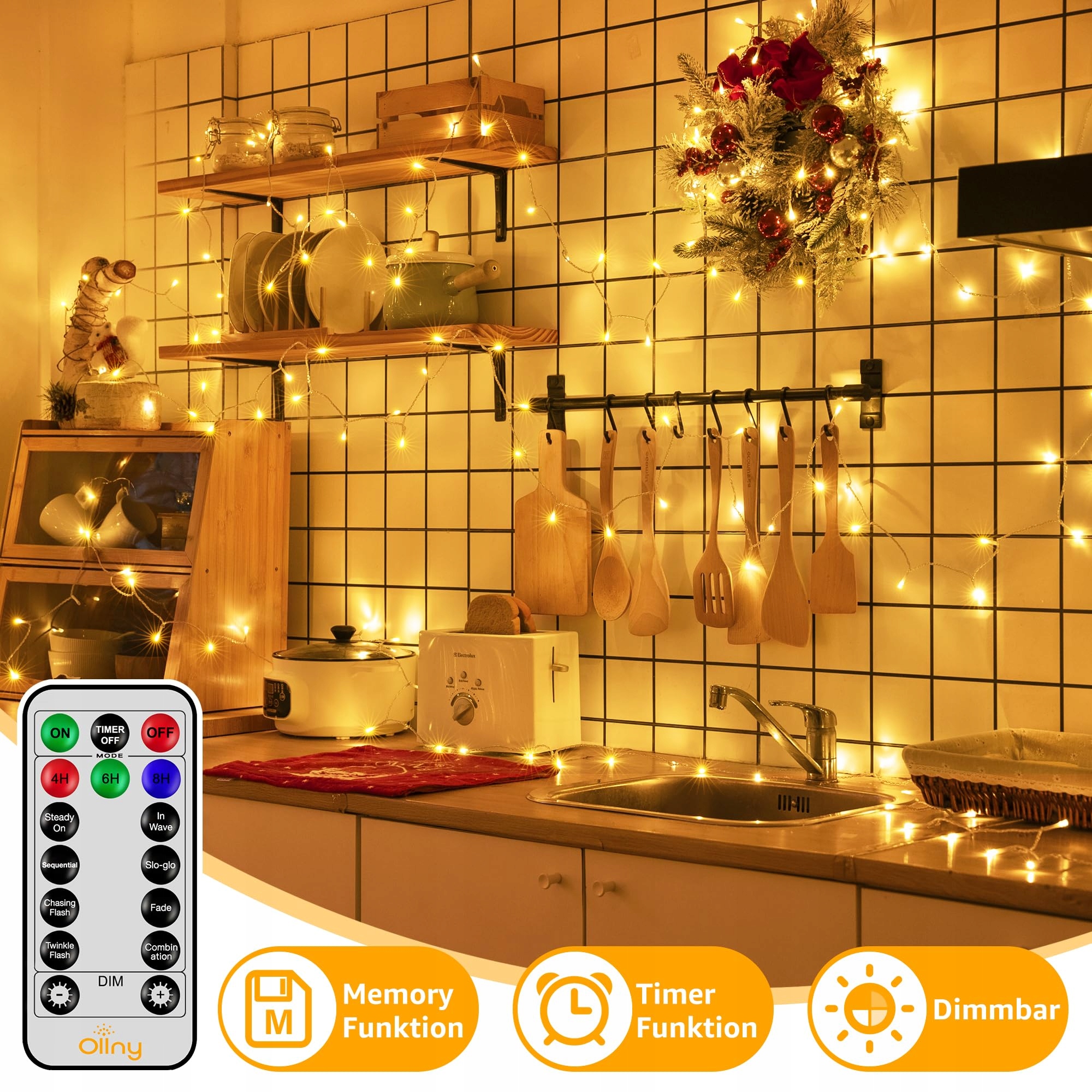 OLLNY Lampki Świąteczne Ciepłe Girlanda Świetlna Z Pilotem 20M 200LED — miniatura 6