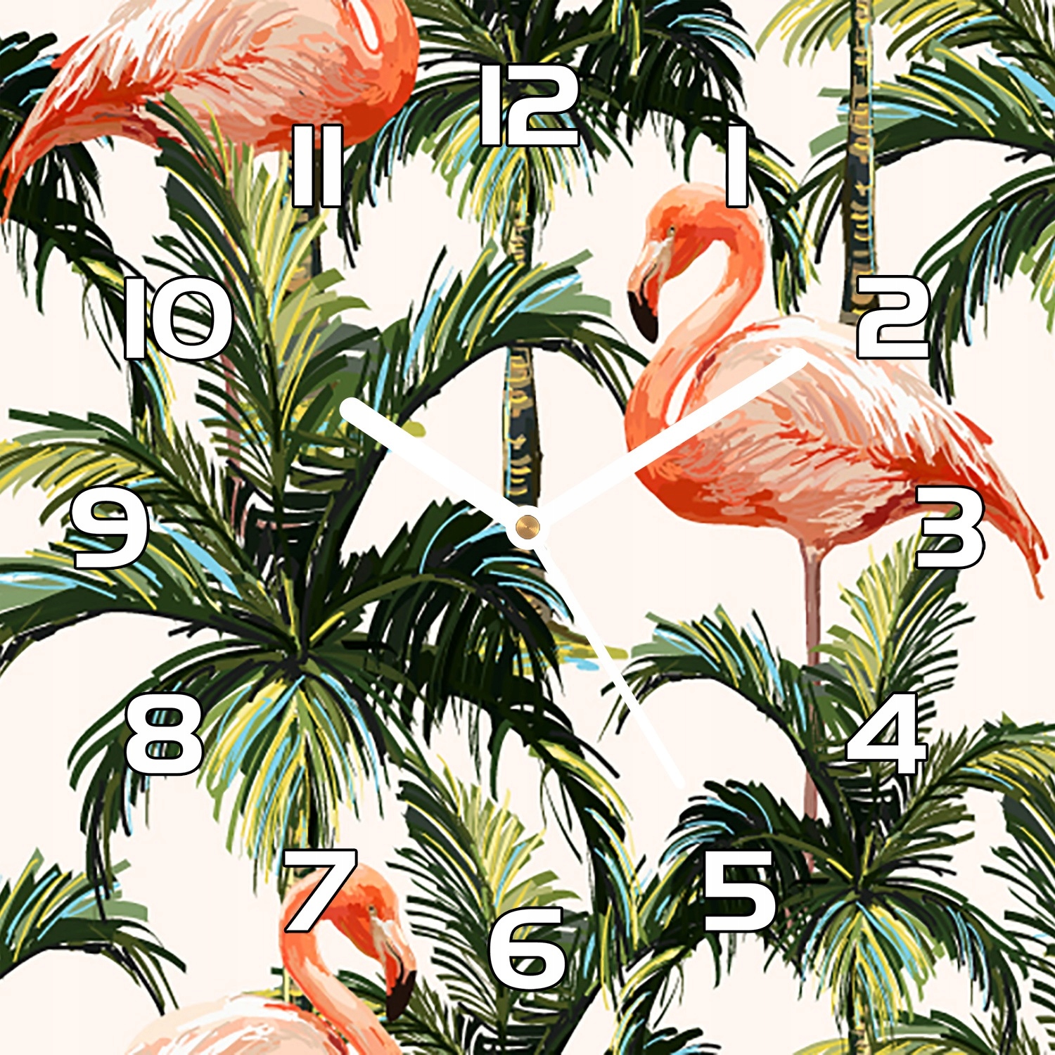 

Nowoczesny zegar na szkle Flamingi w palmach 30x30