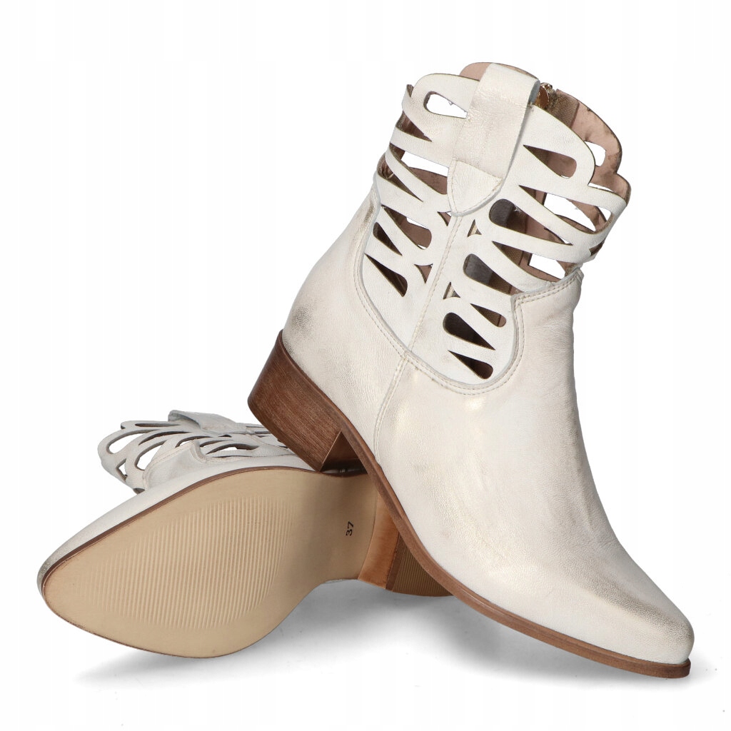 Botki Ażurowe Na Klocku Lewski Złote przecierane Skóra Naturalna 39 Zapięcie na zamek