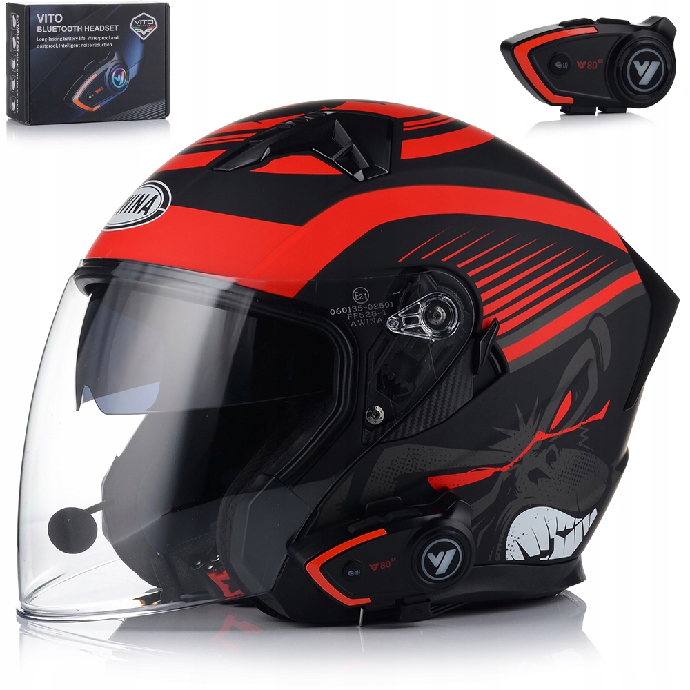 Otvorená Motocyklová Prilba Červená Matt Skúter Chopper Blenda Interkom