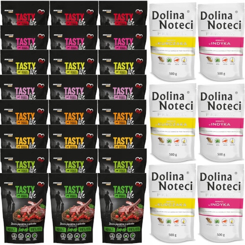 Zestaw dla psa 30x500g: 24x Biofeed Tasty Dogs Life 6x Dolina Noteci
