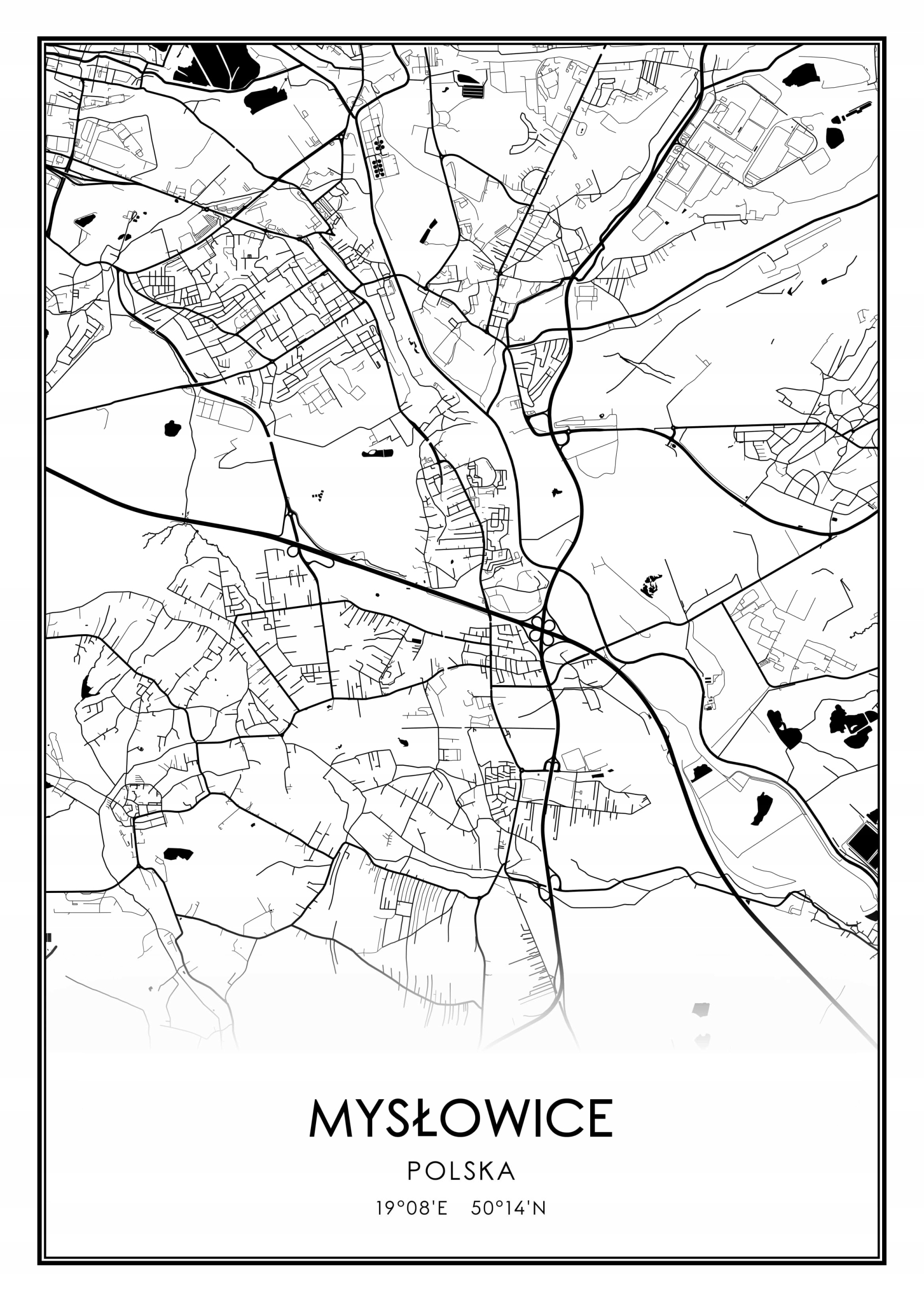 Mapa czarno biała plakat Mysłowice 91x61cm