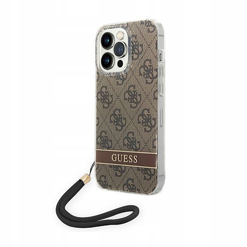 Guess 4G Print Cord – Pouzdro s poutkem pro iPhone 14 Pro (hnědé)