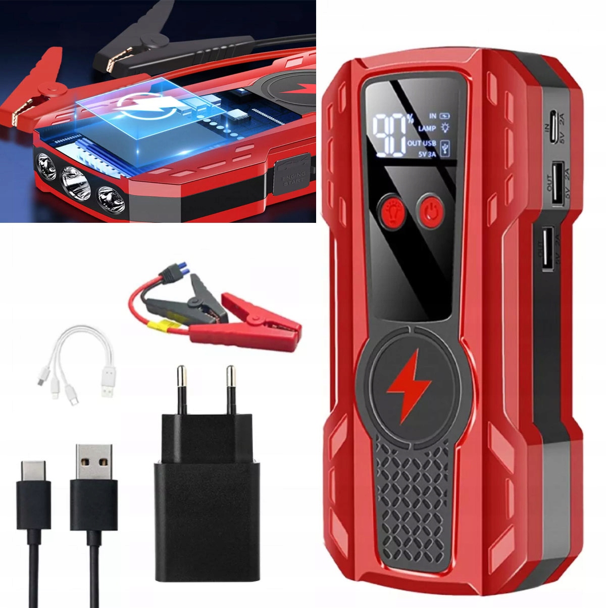 Přenosný Automobilový Bateriový Booster Napájecí Zdroj 99900MAH 2USB 1000A