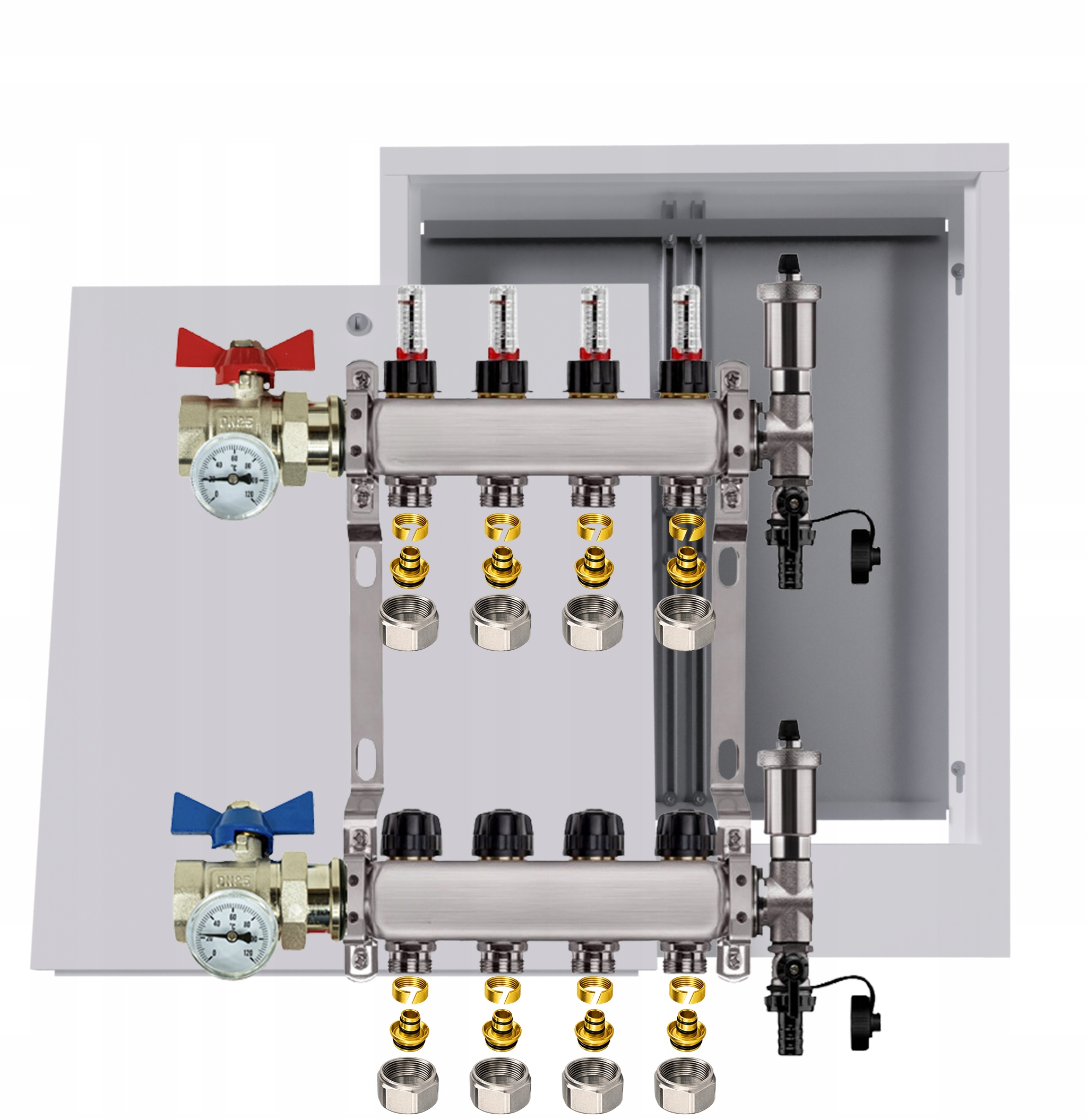 Nerezový rozdělovač podlahy 4 okruhy box ventily Pex