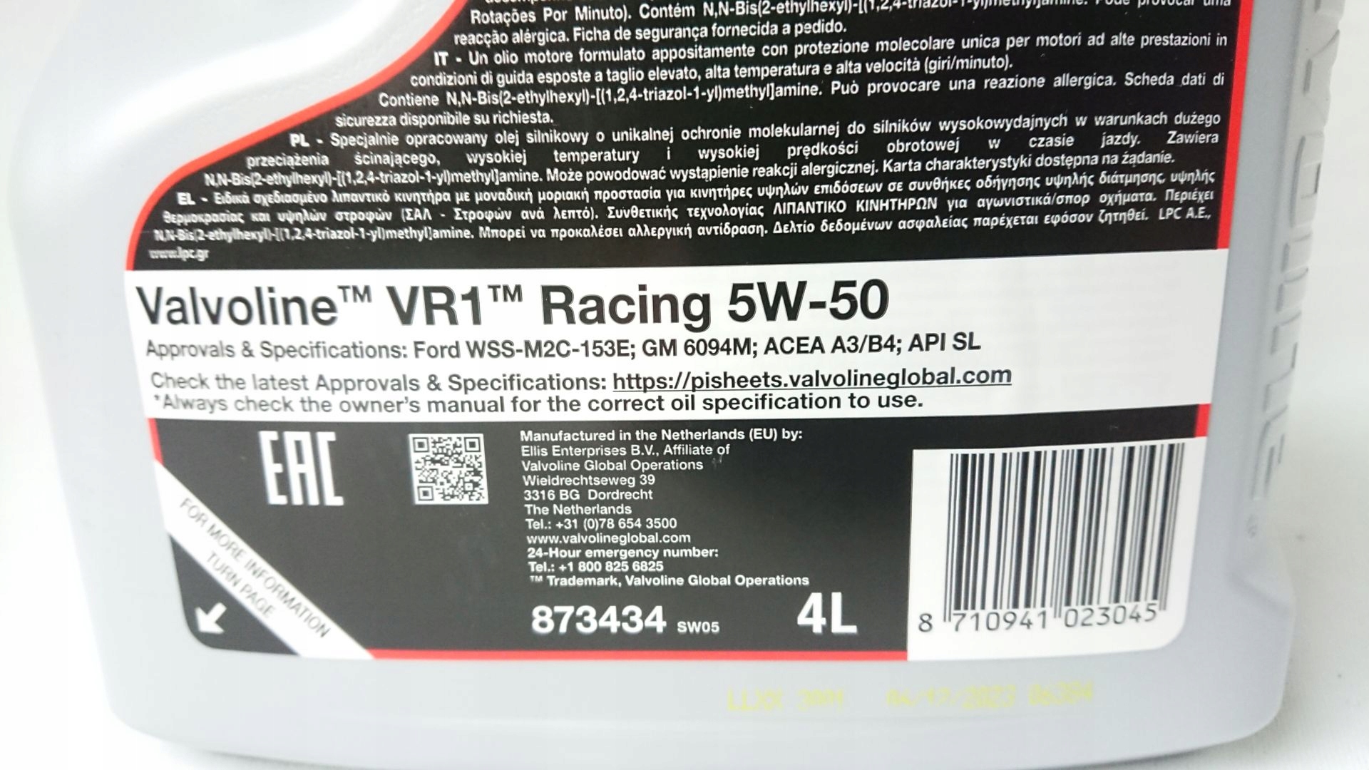 OLEJ VALVOLINE RACING VR1 5W50 SYNTETYK 8L Specyfikacja jakościowa ACEA A3/B4 API SM