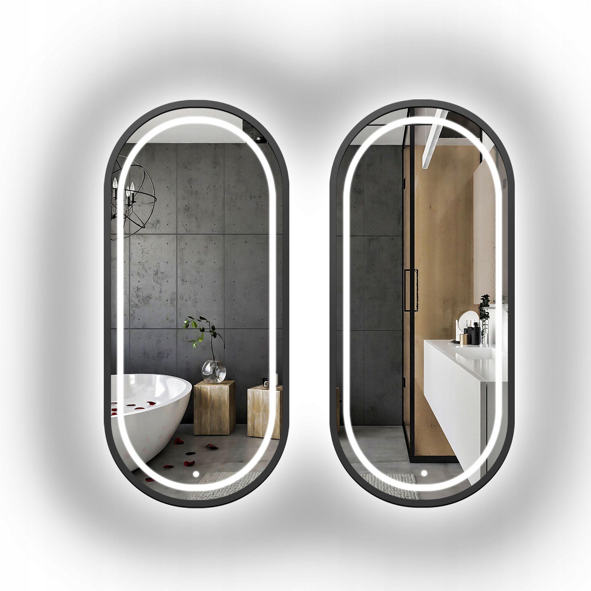 Sada dvou oválných zrcadel Oskar Led III v černém rámu Mdf 73x143 cm