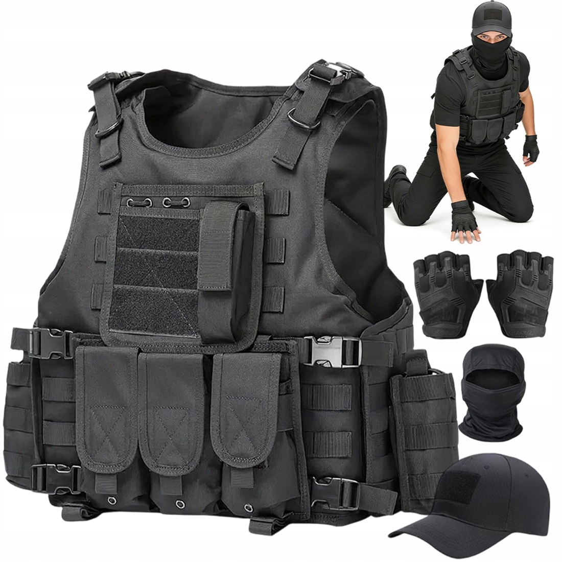 Taktická vesta se 7 kapsami a doplňky černá pro mládež