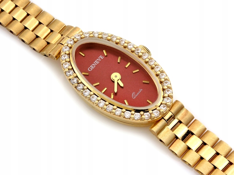 Zlaté dámské hodinky oválný ciferník zirkony červená r20