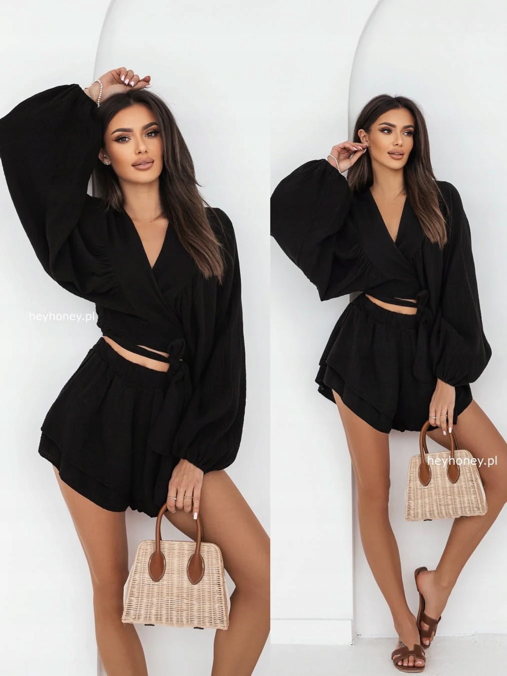 Mušelínový komplet vázaná halenka a kraťasy Černá Sunset Univerzální