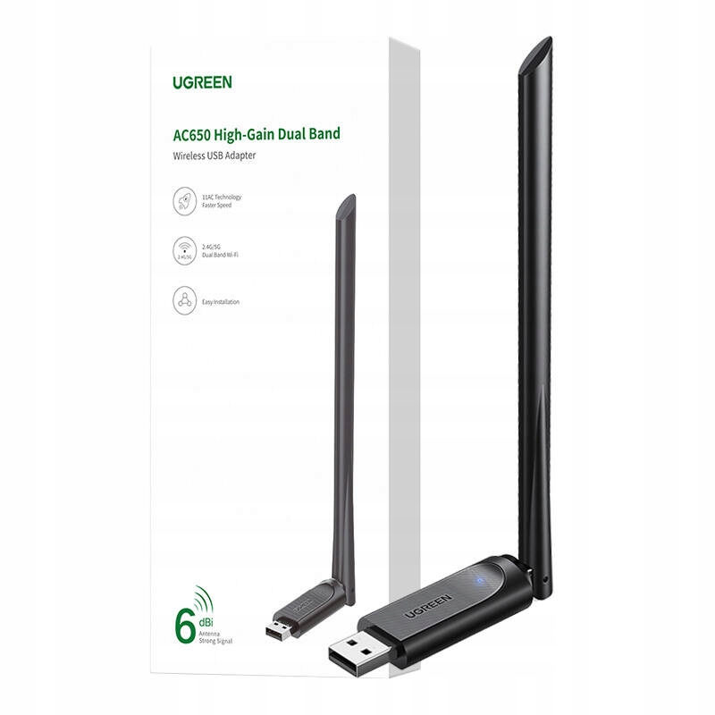 Ugreen 90339 Adapter WiFi USB Dual Band 5GHz 2.4GHz 433Mbps Antena Czarny