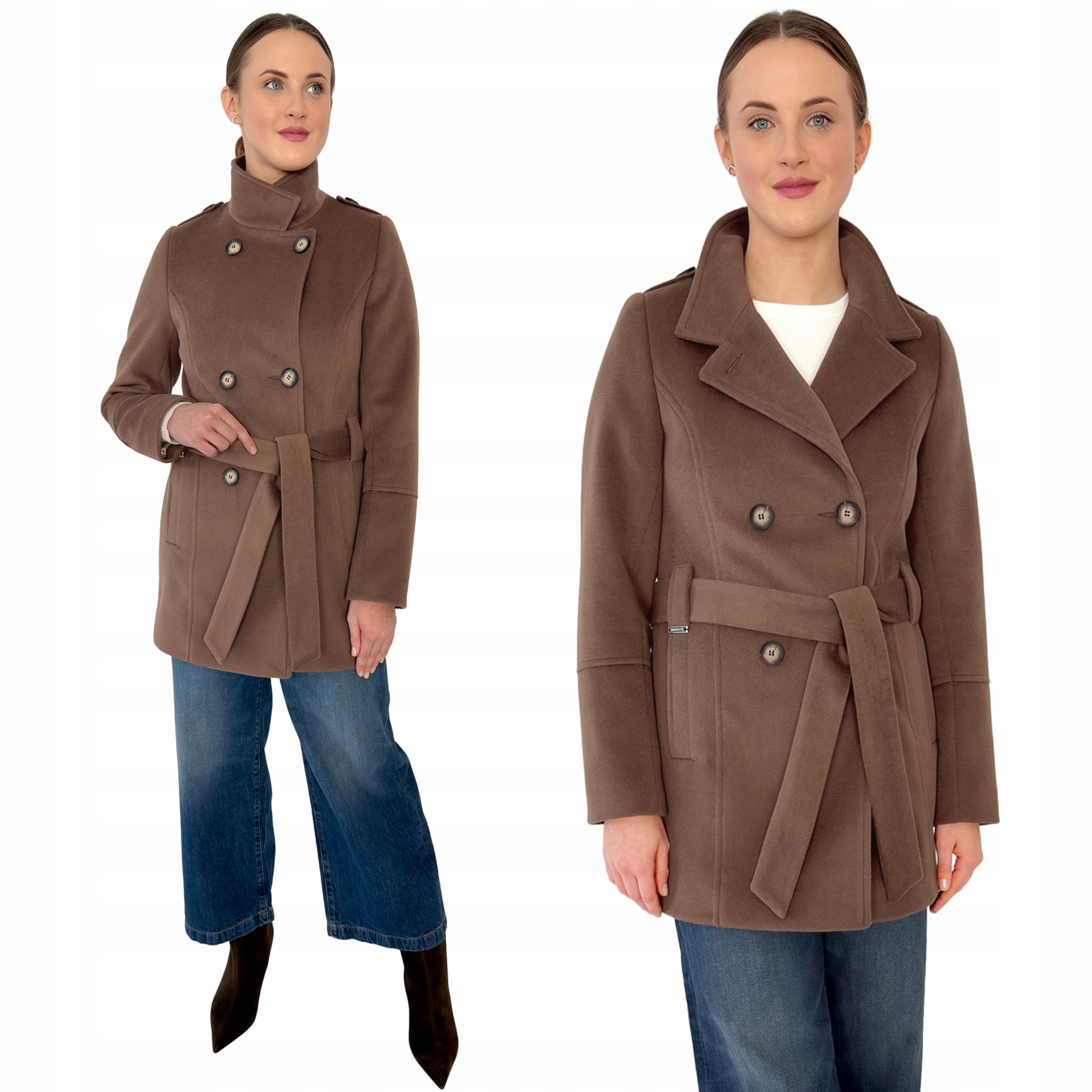 Dámský dvouřadý jarní kabát s se stojáčkem a vlnou Klara, hnědý, Estodo