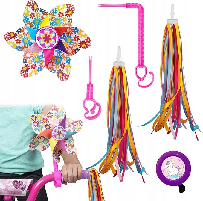 WIATRAK WIATRACZEK DO ROWERU DZIECIĘCEGO DZWONEK WSTĄŻKI ZESTAW