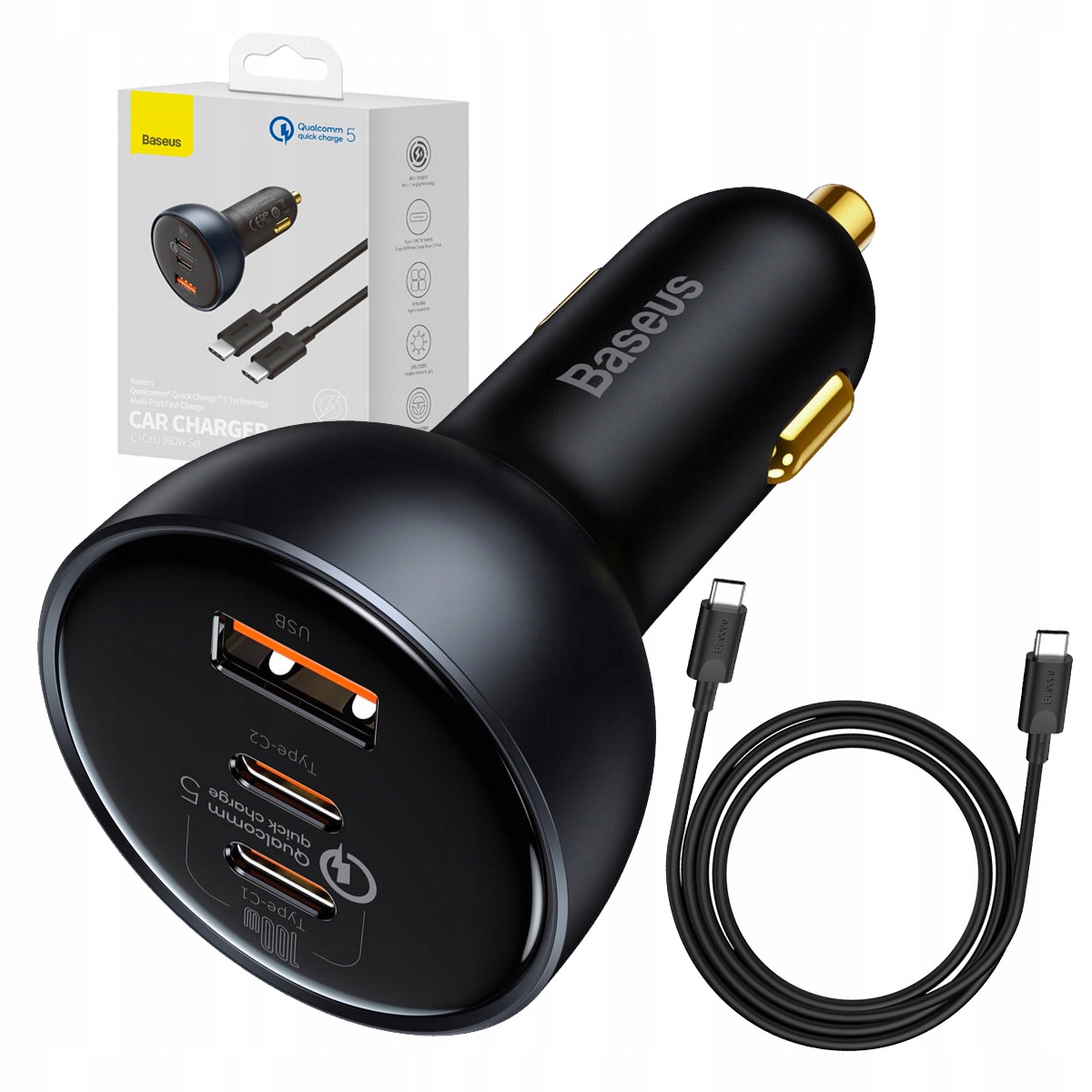 Baseus Nabíječka Automobilová USB/2x Usb C Rychlá Qc Pd 160W Do Zapalovače