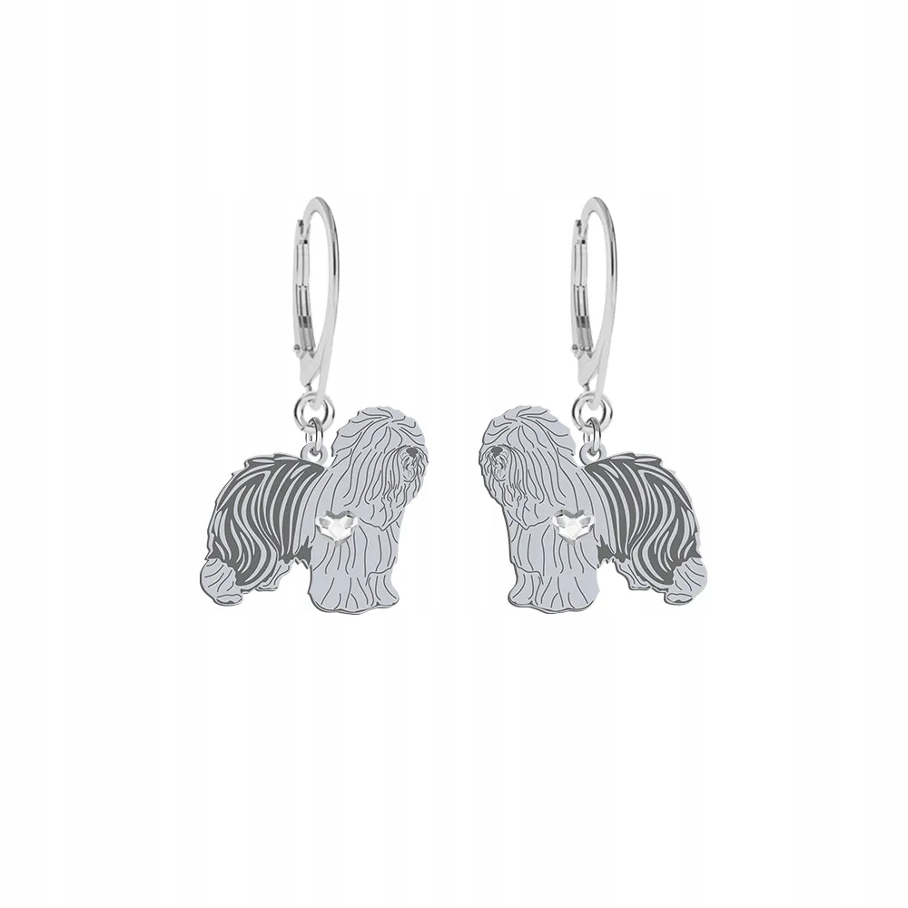 Stříbrné Náušnice se psem Staroanglický ovčák Bobtail 925 Žena Gravírování