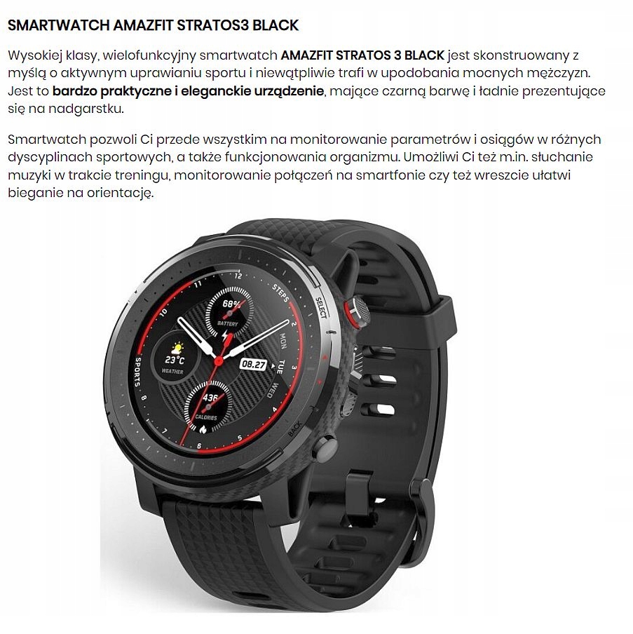 Smartwatch Amazfit Stratos 3 czarny Transmisja danych brak