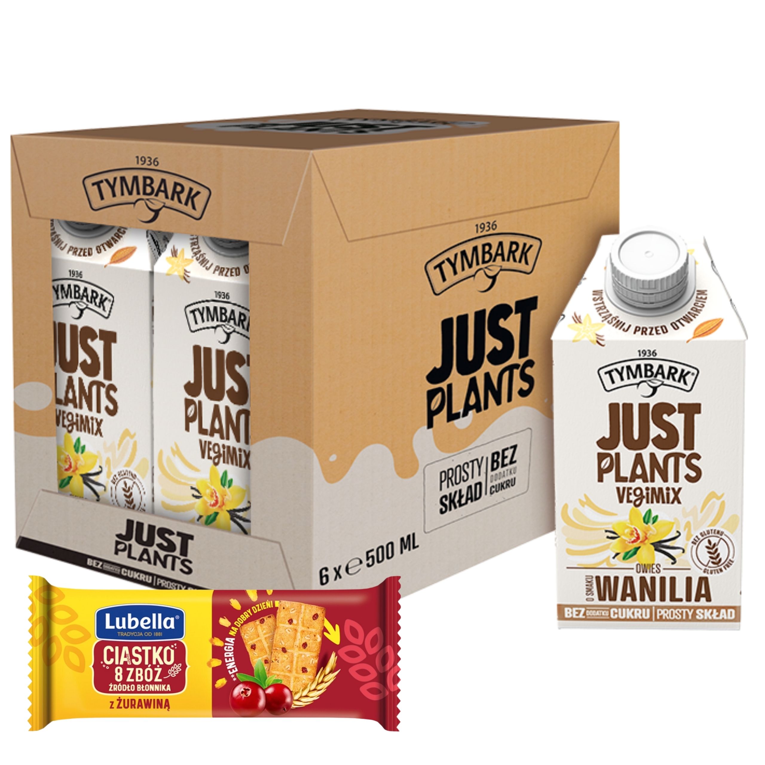 TYMBARK JUST PLANTS OWIES WANILIA NAPÓJ ROŚLINNY 6x500ML + GRATIS CIASTKA