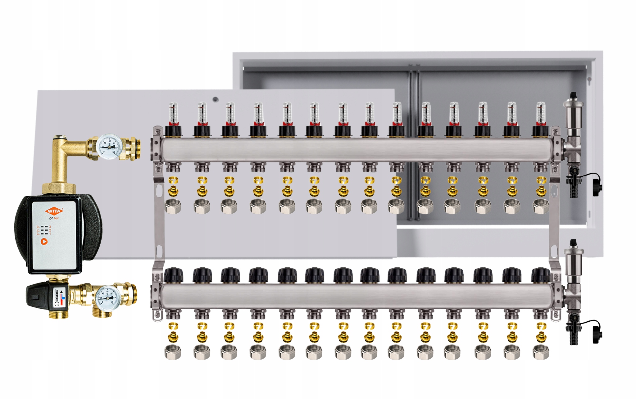 Rozdělovač pro podlahu nerezový 14 okruhů s čerpadlem Wita box +pex