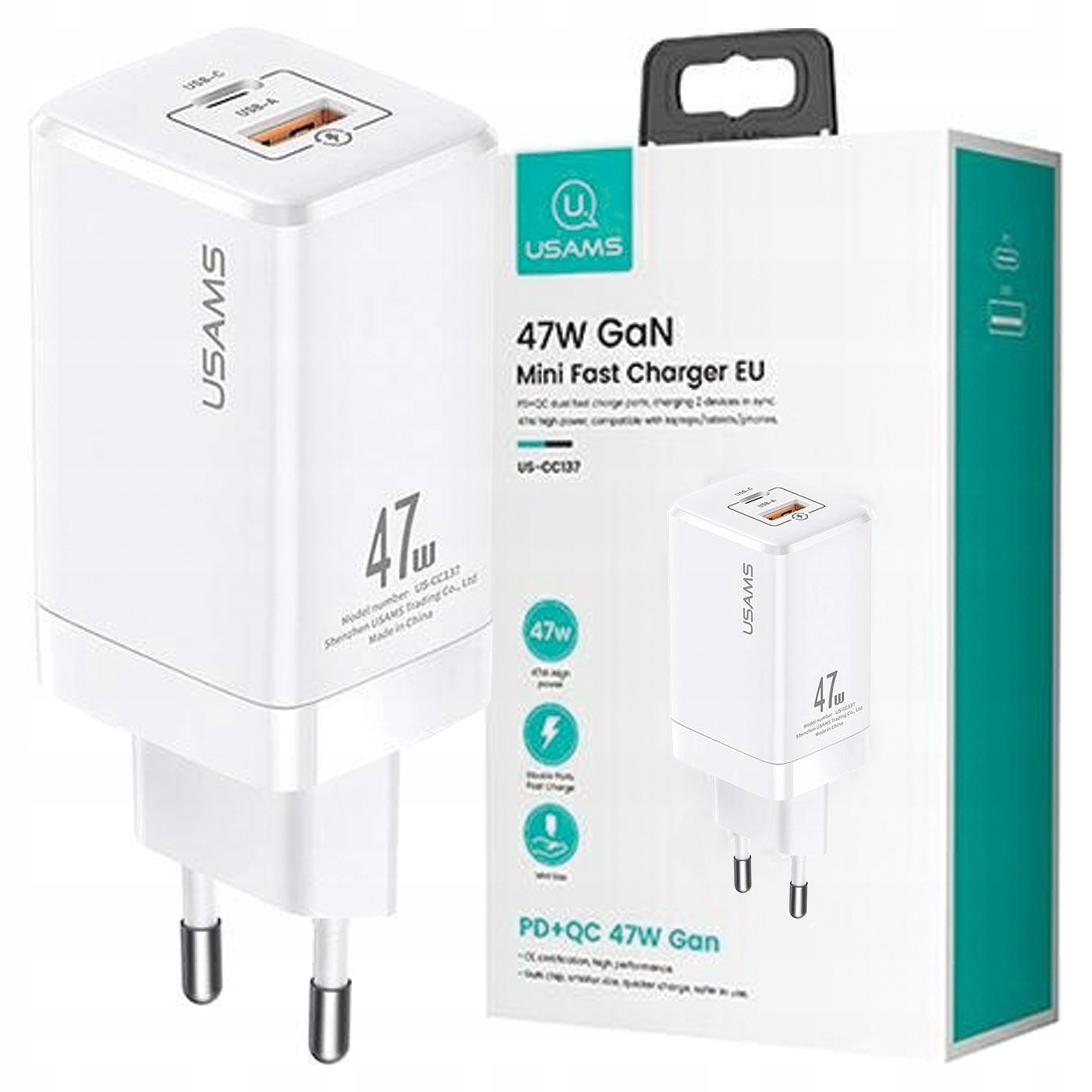 Usams Síťová Nabíječka T41 Usb-c 47W Pd Qc Pro Telefony Rychlé Nabíjení