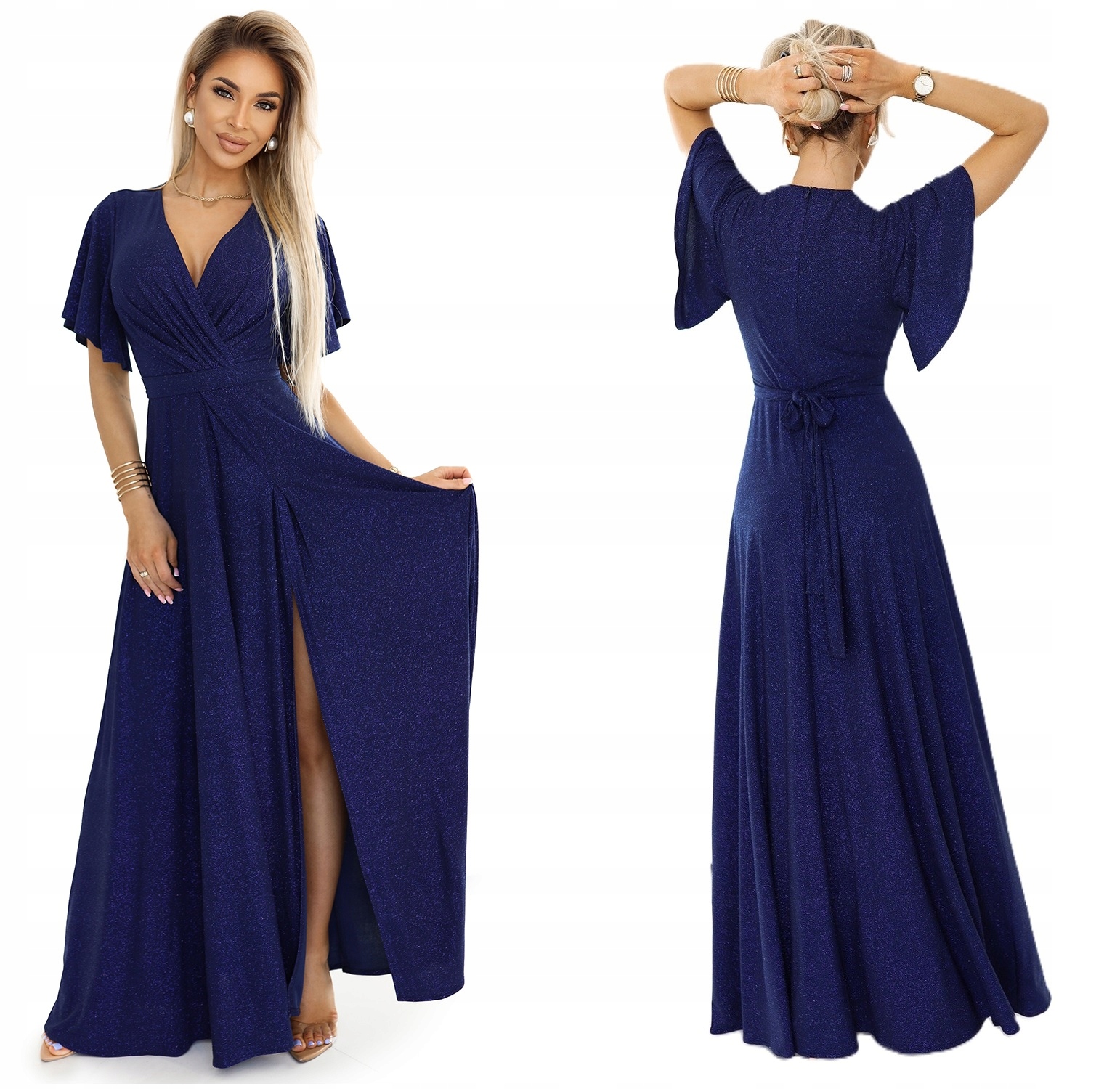 Dlouhá Sukně Na Ples S Výstřihem A Páskem V Pase, Tmavě Modrá Se Třpytkami, Velikost M