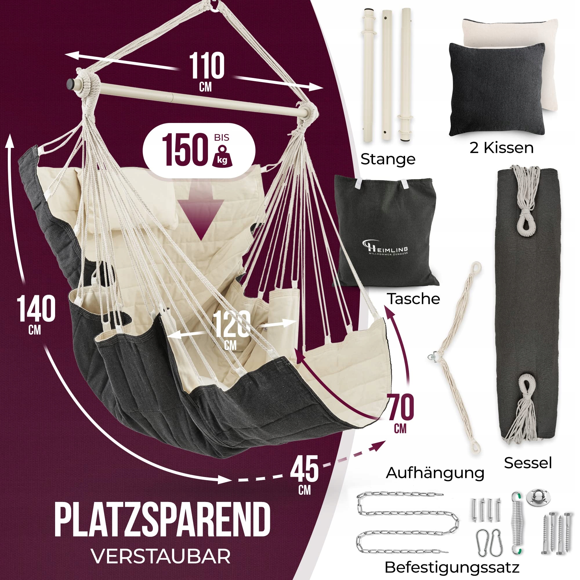 HEIMLING Fotel Wiszący XXL Zestaw Zawieszenie 3 Poduszki Do 150 kg Wersja 1 — miniatura 5