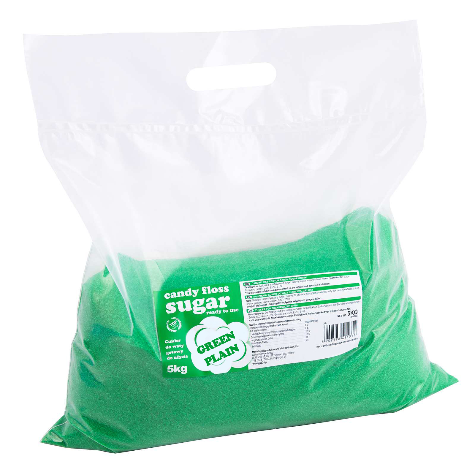 Barevný cukr na cukrovou vatu zelený s přírodní příchutí 5 kg