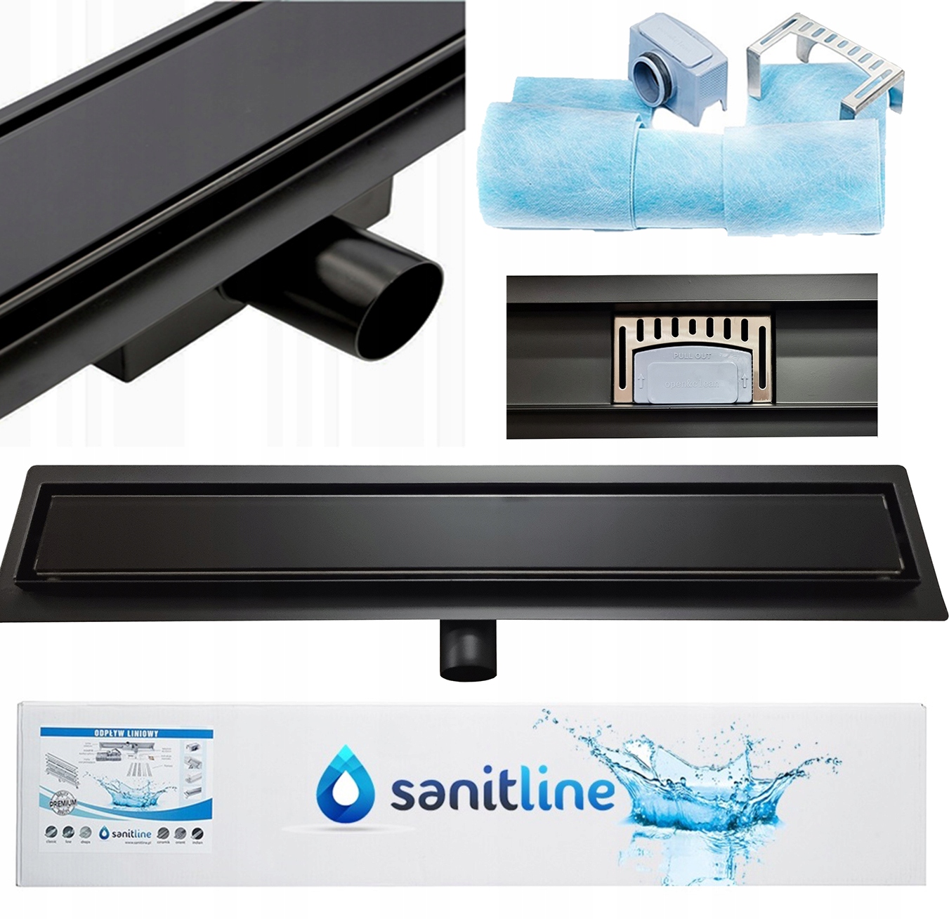 Sanitline Lineárny odtok Čierne Sklo Mat 70 cm